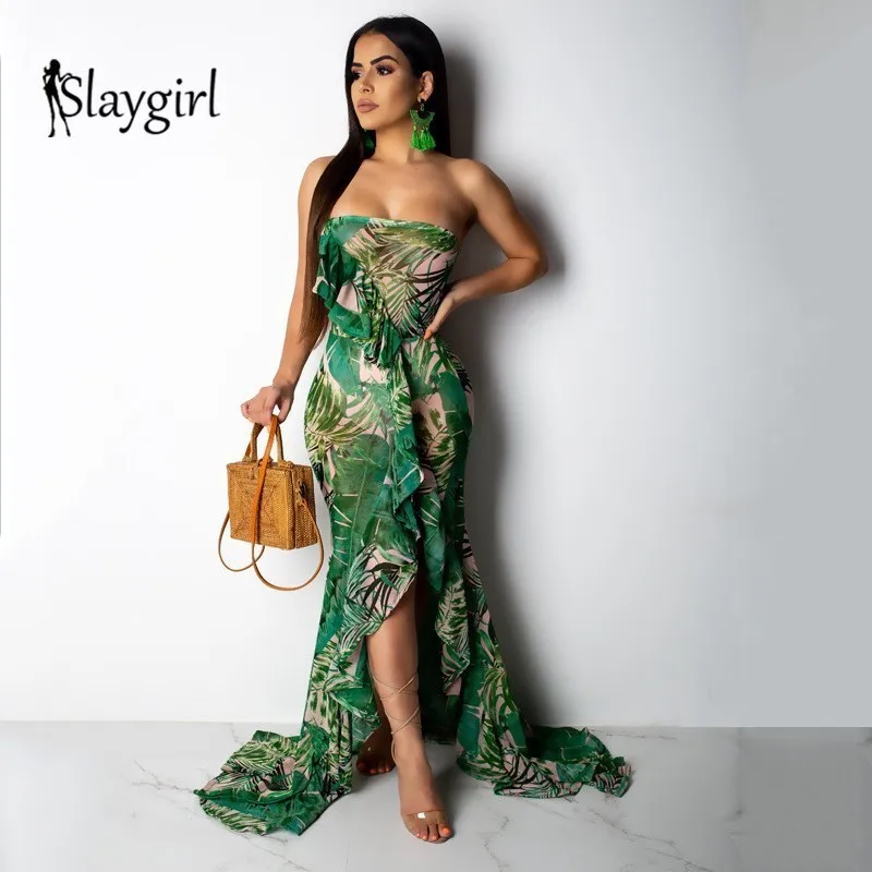 

Slaygirl Floral Print Women Dress Strapless Lace Up Mesh Maxi Long Dress Casual Beach Summer Dress Female Boho Vestidos 2019
