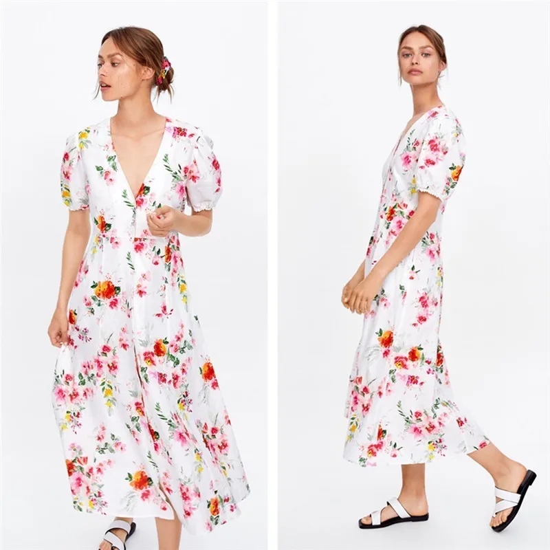 

Original Brand Long Women Floral Printed Dress V-neck White Summer Button Shirt Dress Female Causal Streetwear Dress vestido