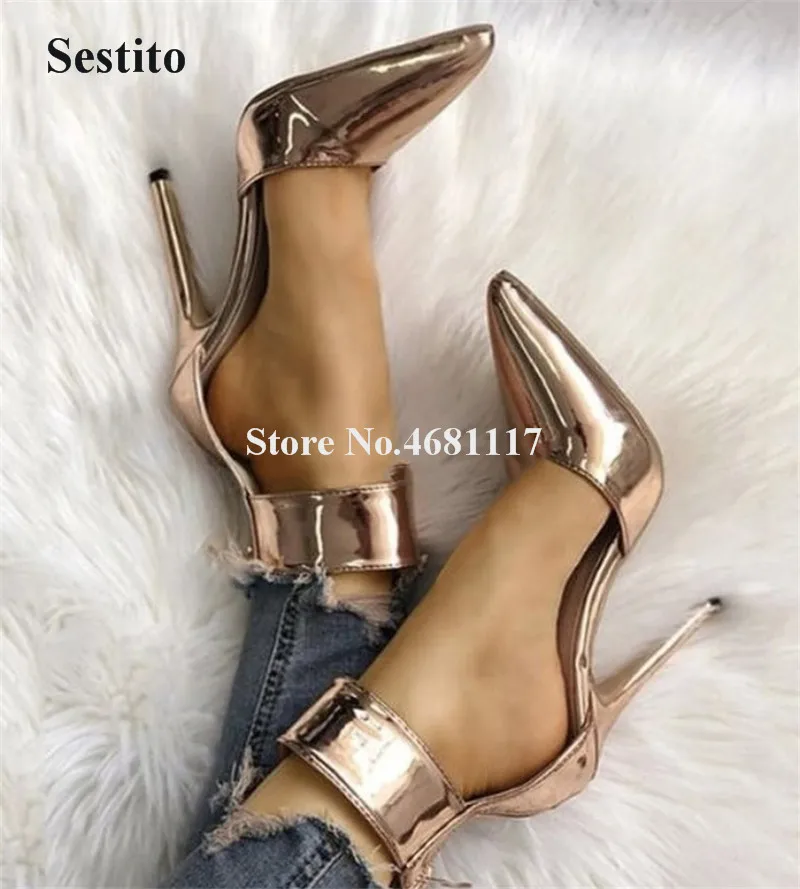 

Women Fashion Brand Pointed Toe Patent Leather Stiletto Heel Pumps Ankle Buckle Strap Gold Silver High Heels Dress Shoes