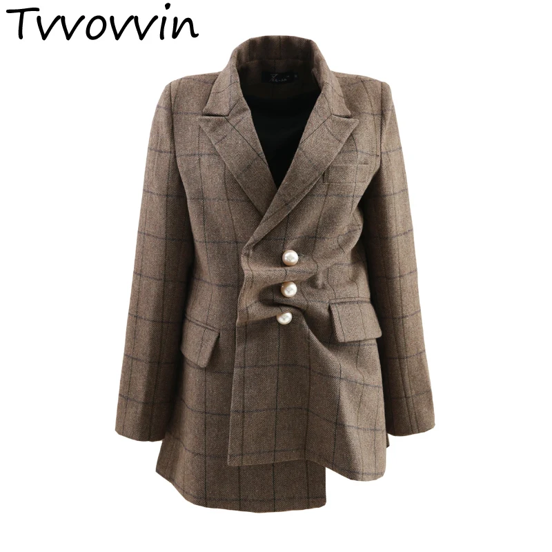 

TVVOVVIN 2019 New Imitation Pearl Buckle Folds Asymmetri Plaid Jacket Women's Coat Woolen Office Style Blazers L381