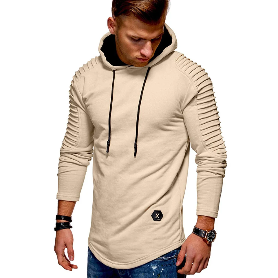 solid pleated sleeve patch detail long fleece hoodie