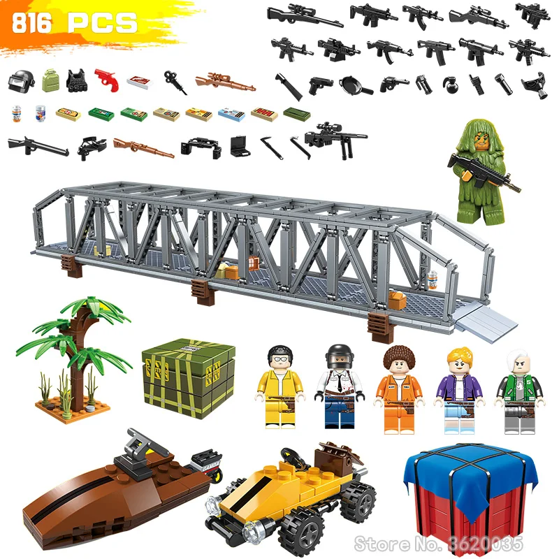 

PUBG Modern Military Action Airdrop City Bridge Head Building Blocks Figures Mini Weapons Fighting Boy Gift Toy With Legoinglys