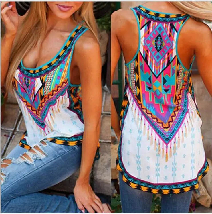 

Women Bohemian Printed Shirt Tops 2019 Summer Round Neck Sleeveless harajuku Plus Size T-Shirts White Tops Shirts Beach Tops