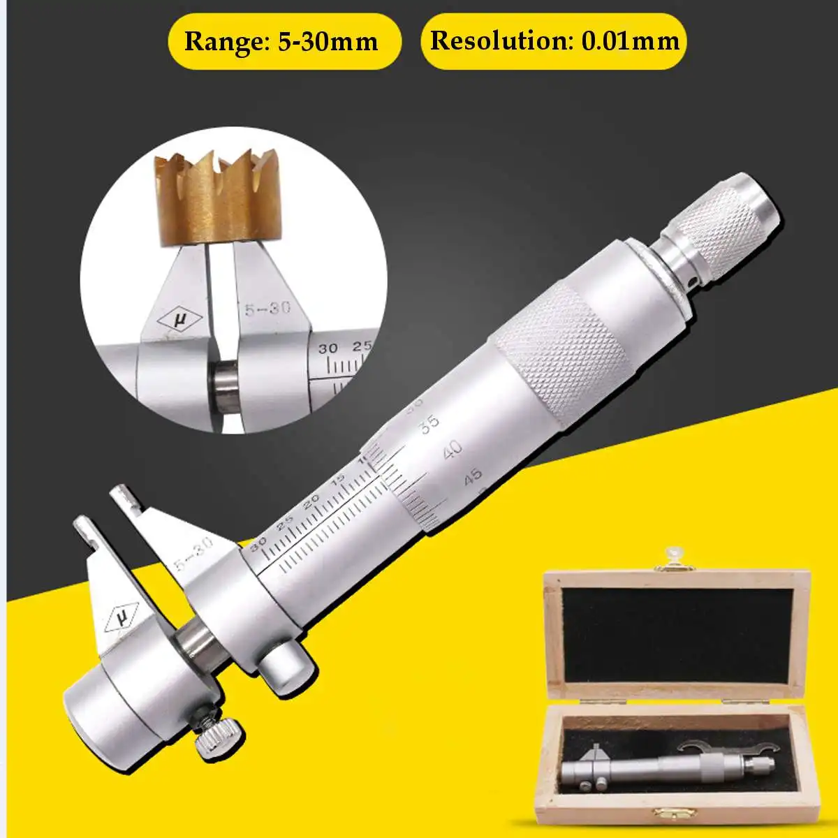 

5-30mm Inside Micrometer Screw Silver Stainless Steel Internal Diameter Measuring Tool Insulation Frame Design 0.01mm Resolution