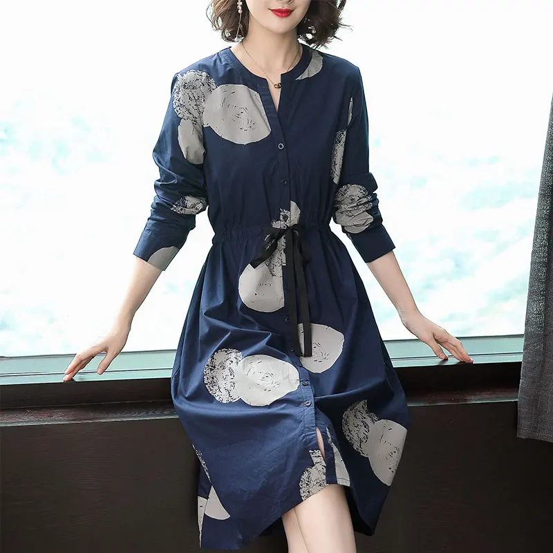 

2019 New Spring Women dress Full Sleeve Loose Flax Long Boom In Society Dresses 8012