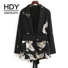 HDY Haoduoyi женские черные блейзеры с принтом журавлей и цветочной вышивкой куртки с длинными рукавами Повседневные Осень Зима модный дизайн
