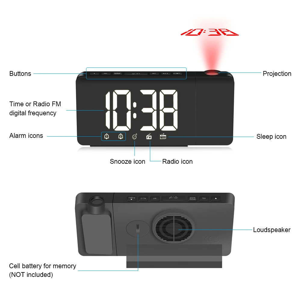 USB управляемый Светодиодный проекционный будильник с регулируемой яркостью FM радио настольные часы с вращающимся проектором двойные сигналы функция повтора