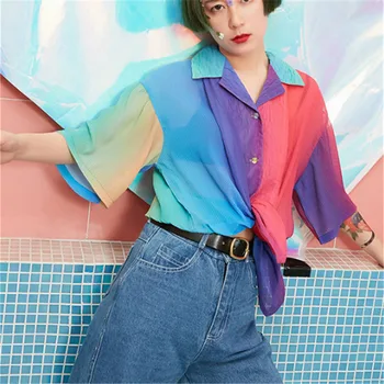 

Vintage Summer New Colour Gradual Patchwork Short Sleeve Thin Fold Woman Shirts Turn Down Blouses