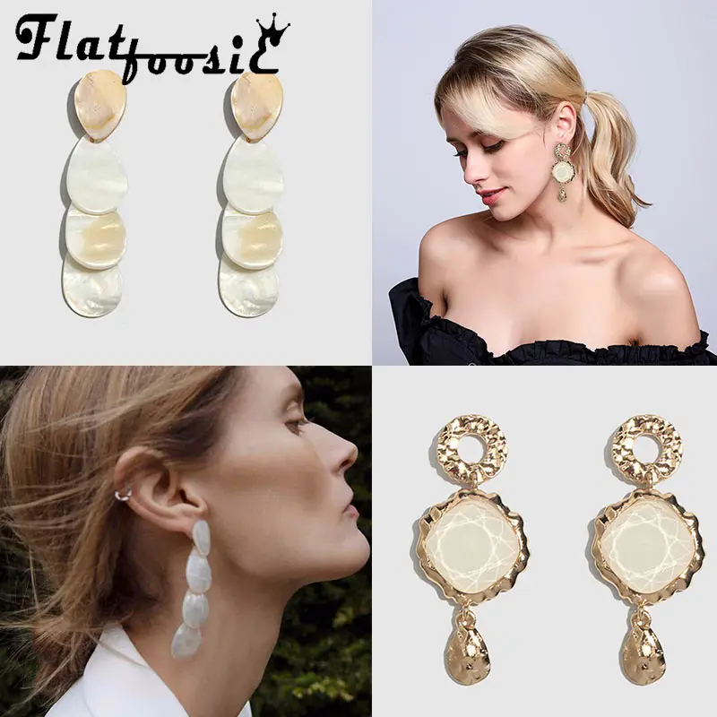 

Flatfoosie ZA Freshwater Pearl Gold Color Pendant Earrings For Women Statement Boho Geometric Metal crystal Drop Earring Jewelry