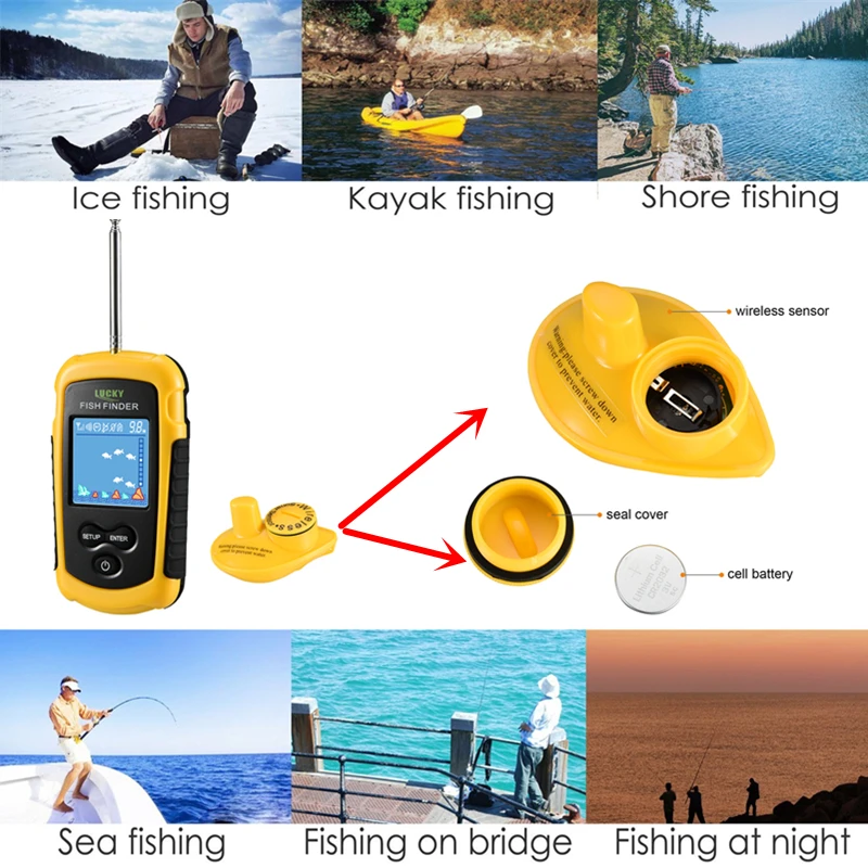 محظوظ سونار قارب الصيد صياد السمك المحمولة اللاسلكية الاستشعار سونار Fishfinder 100 M عرض خاص لشاشات LCD شاشة السونار FFC1108-1