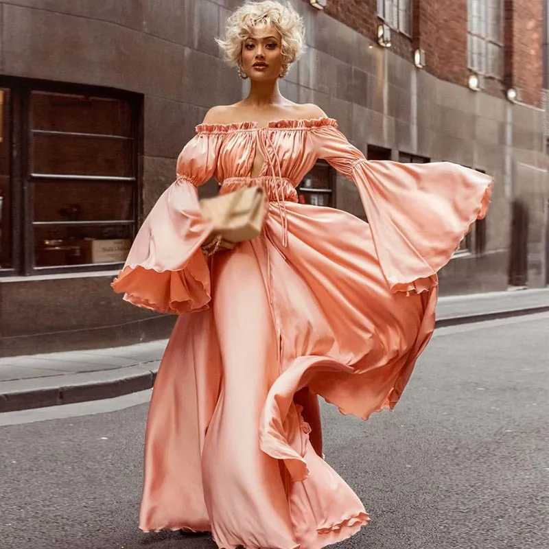 

2019 Women Summer Dress Sexy & Club Party Vintage Off Shoulder Maxi Dress Long Flare Sleeve Pink Orange Dress
