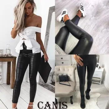 

Women PU Leather Pants Ladies Casual High Waist Leggings Stretch Pencil Trousers