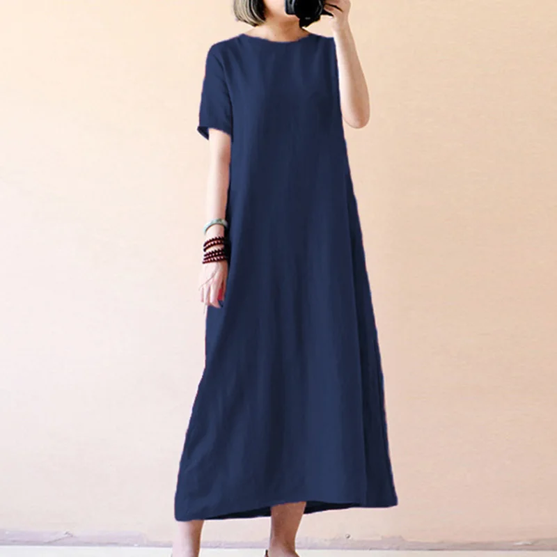 

Womens Dress Boho Vintage Cotton Linen Loose A-line Long Maxi Kaftan Oversized