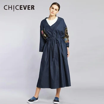 

CHICEVER Embroidery Floral Trench Coat For Women Windbreaker Long Sleeve Loose Oversize Slim Lace Up Autumn Denim Coats New