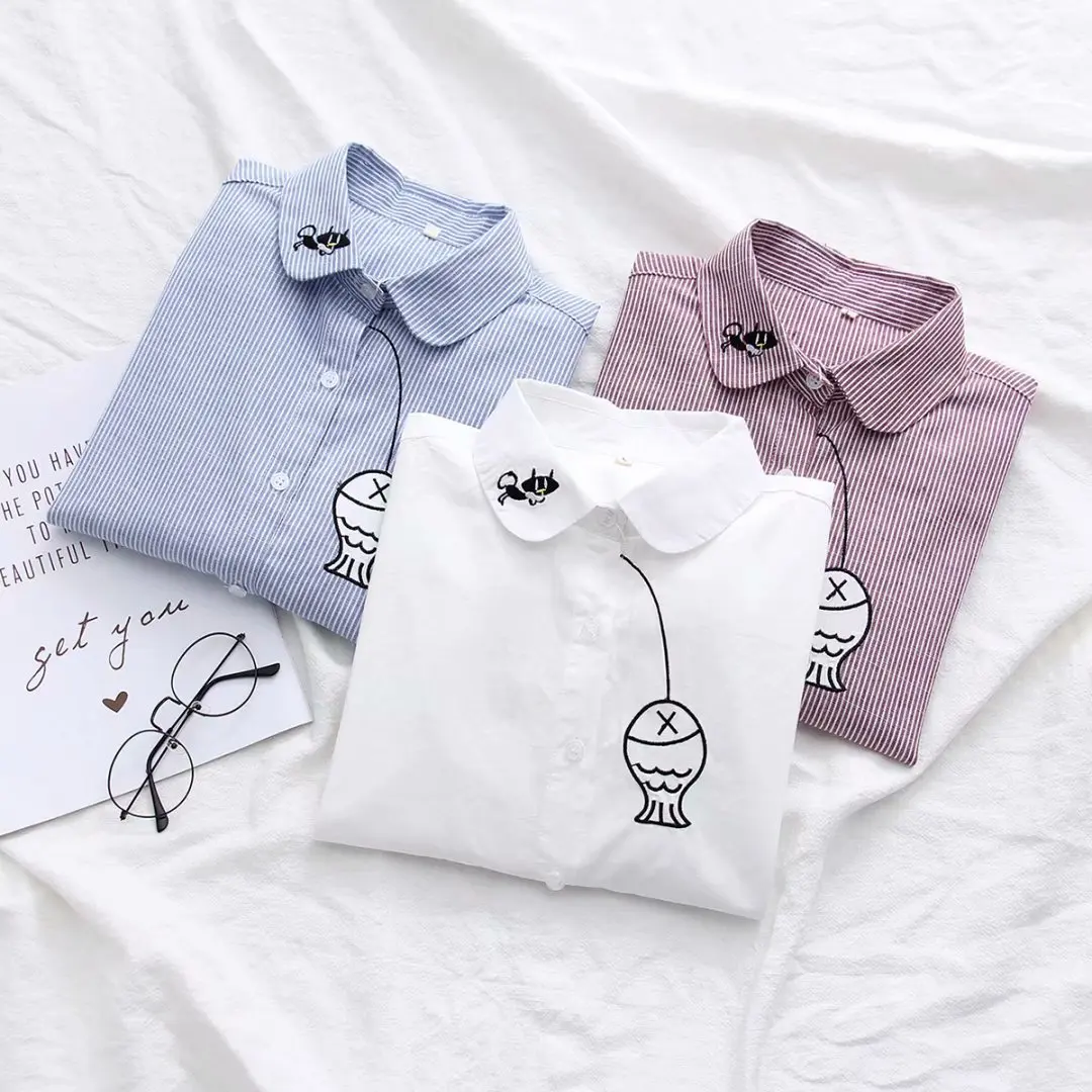 

Women Fashion Long Sleeve Stripe Embroidery Cotton Blouse Shirts Casual Fish Floral Slim Office Shirts Blusas