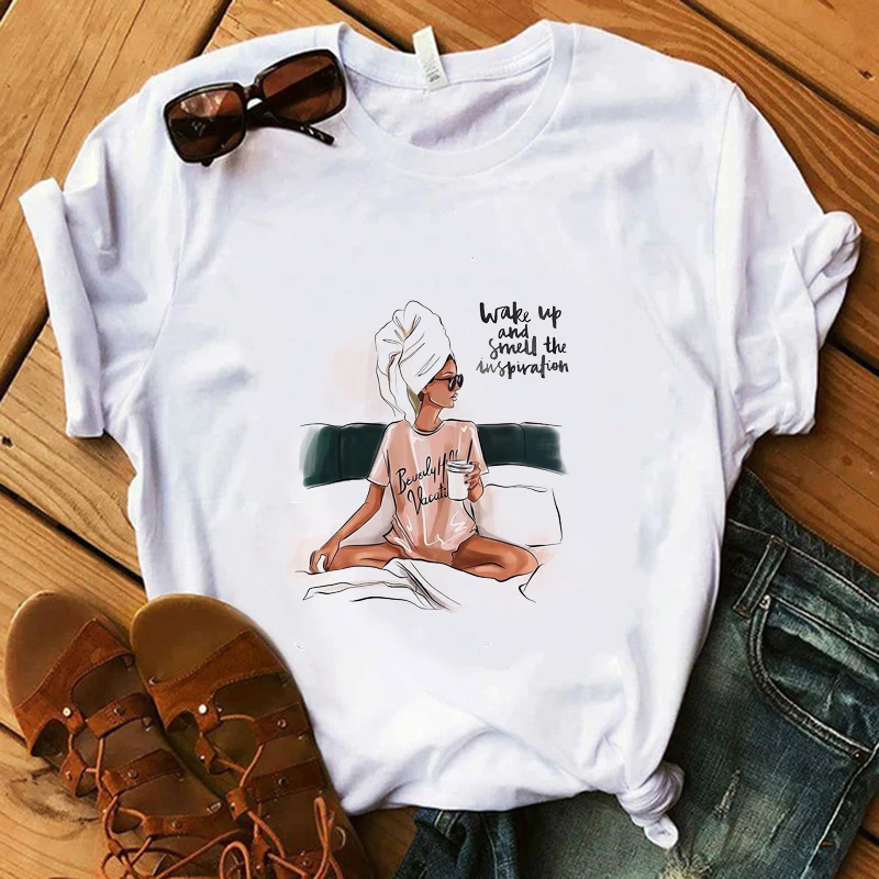 

Summer Women T-Shirt Wake Up Smell The Inspiration T-shirts 100% Cotton Super Soft Vogue T-Shirt Harajuku White Casual Tees