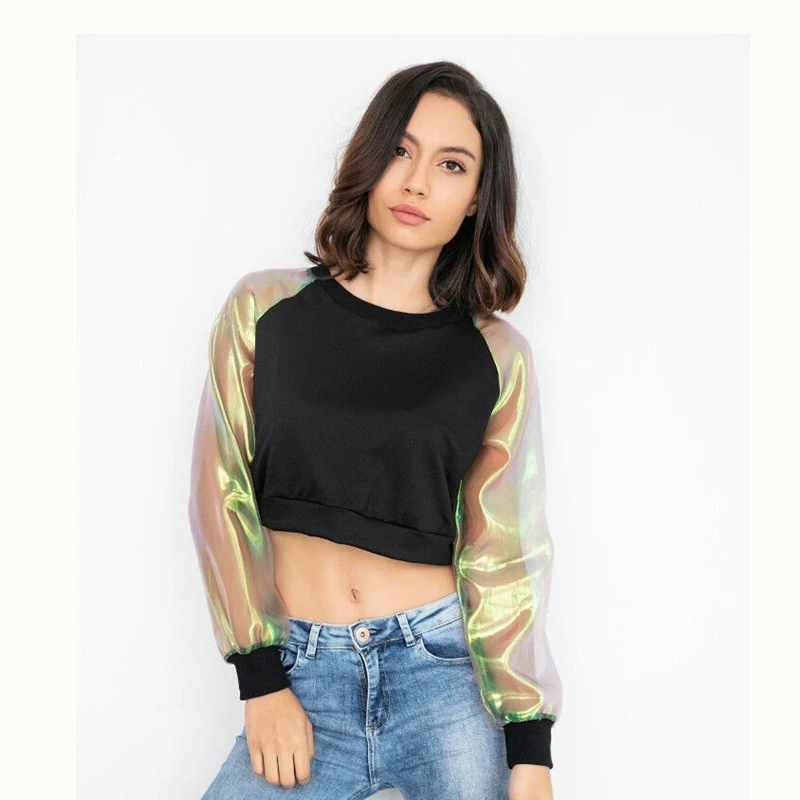 

fashion women long sleeve pullover short hoodies female o neck crop top patchwork shiny tops girls vogur sweatshirt new hoody