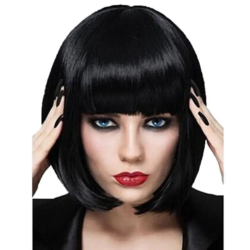 

Cosplay Short Straight Hair Fringe Black High Quality Natural Appearance And Soft Synthetic Fibrous Wig Adjustable BOB Wig