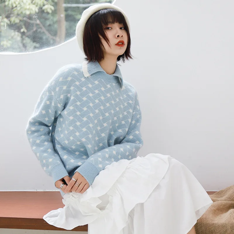 A Generation of Fat Sweater Female 2018 Autumn And Winter Mink Plaid Long-Sleeve Sweater Fresh Lapel Sweater Female 5173 A Generation of Fat Sweater Female 2018 Autumn And Winter Mink Plaid Long-Sleeve Sweater Fresh Lapel Sweater Female 5173