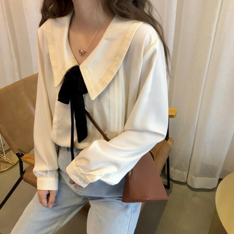 

Bow Peter Pan Collar Womens Chiffon Tops And Blouses Ladies Preppy Style Casual Long Sleeve Shirts Blusas Loose Spring Mujer