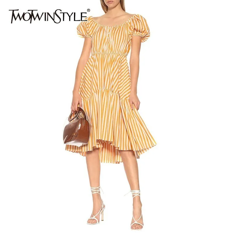 

TWOTWINSTYLE Casual Striped Dress For Women O Neck Puff Sleeve High Waist Midi Asymmetrical Dresses Female 2019 Spring Fashion