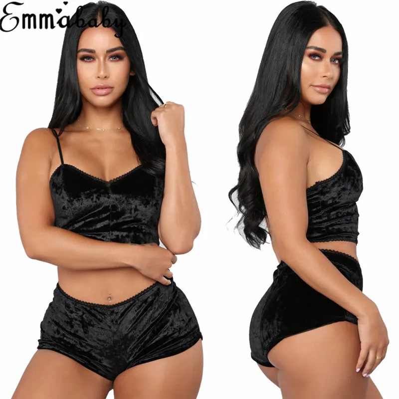 

2Pcs Casual Slim Solid Women's Underwear Sexy Lingerie Pajamas Velvet Sleeveless Crop Tops Shorts Sets Summer Clothes