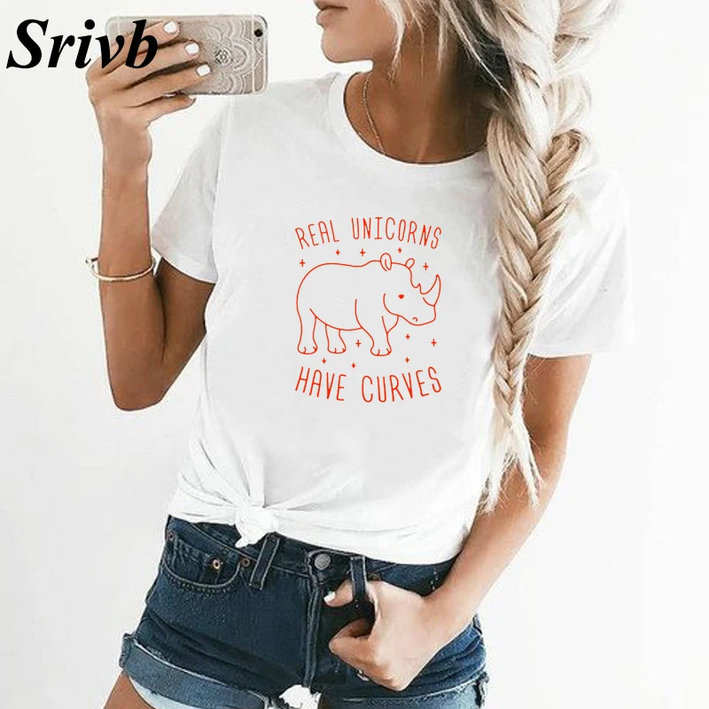 

Srivb Real Unicorns Have Curves T Shirt Women Summer Black White Hipster Tee Shirt Femme Cotton Funny Cartoon Women T-shirt Tops