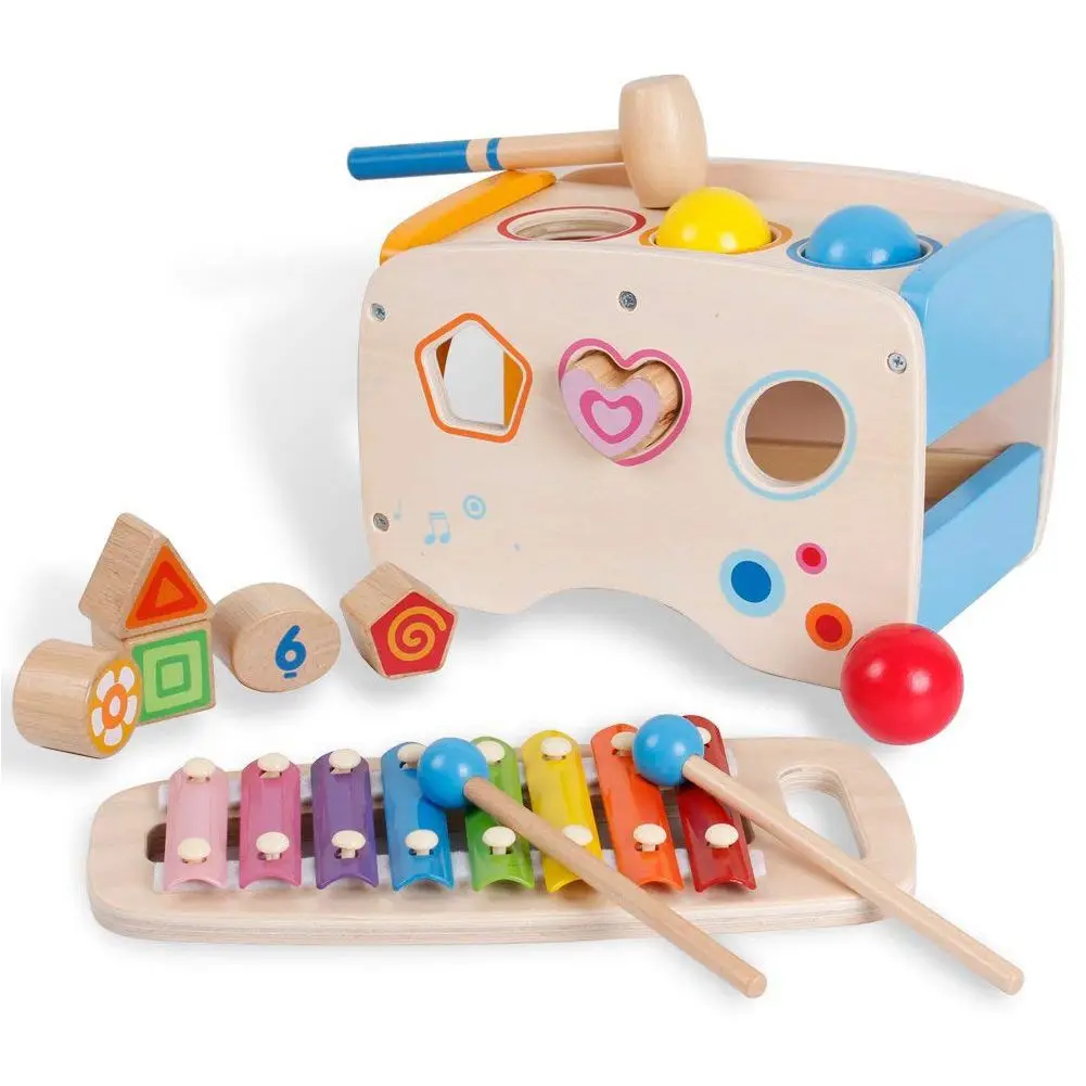 

3 in 1 Wooden Educational Set Pounding Bench Toys with Slide out Xylophone and Shape Matching Blocks for Kids Baby Toddlers 1