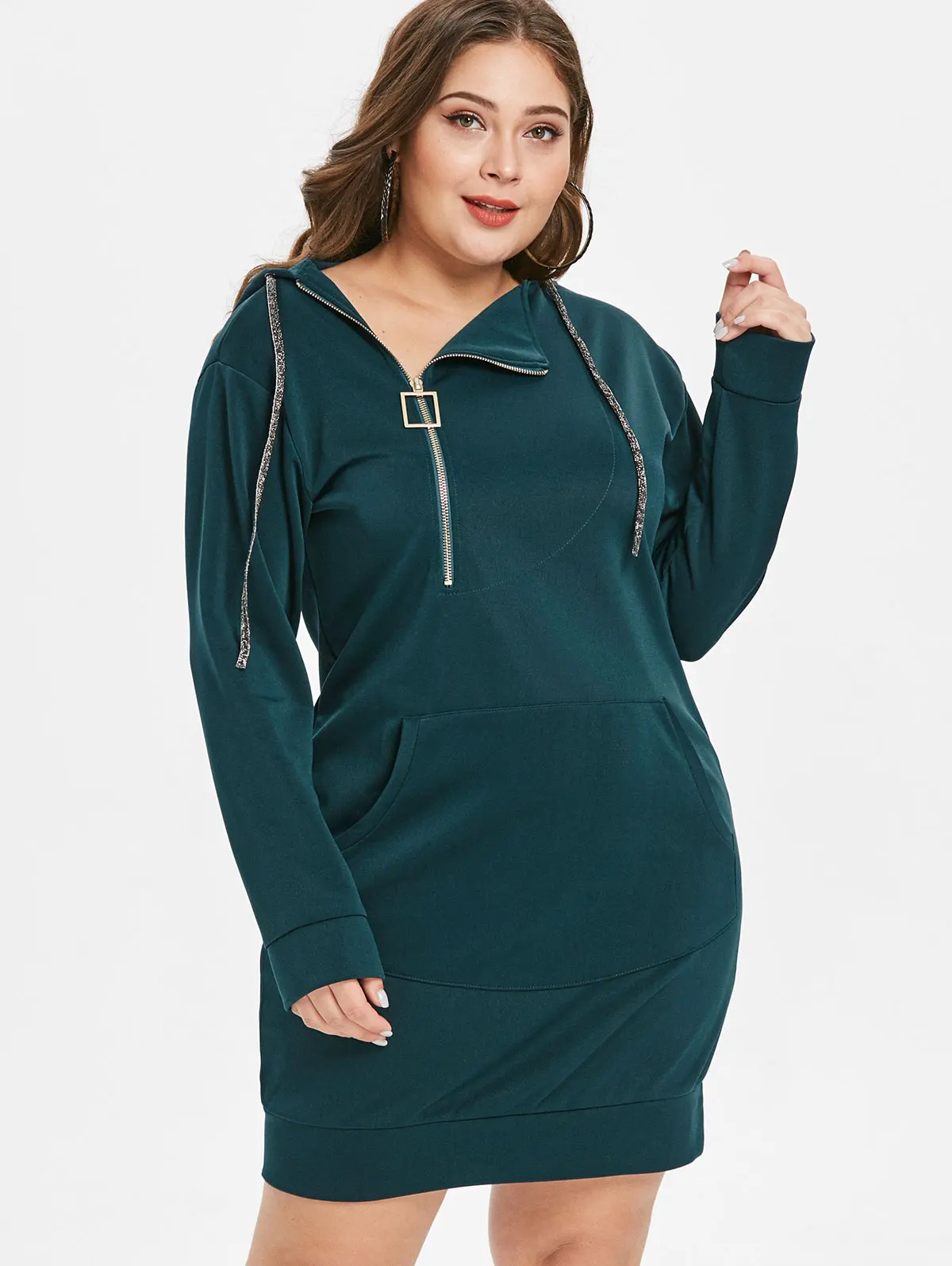 Wipalo Plus Size Zip Kangaroo Pocket Dress Casual Straight Hooded Long