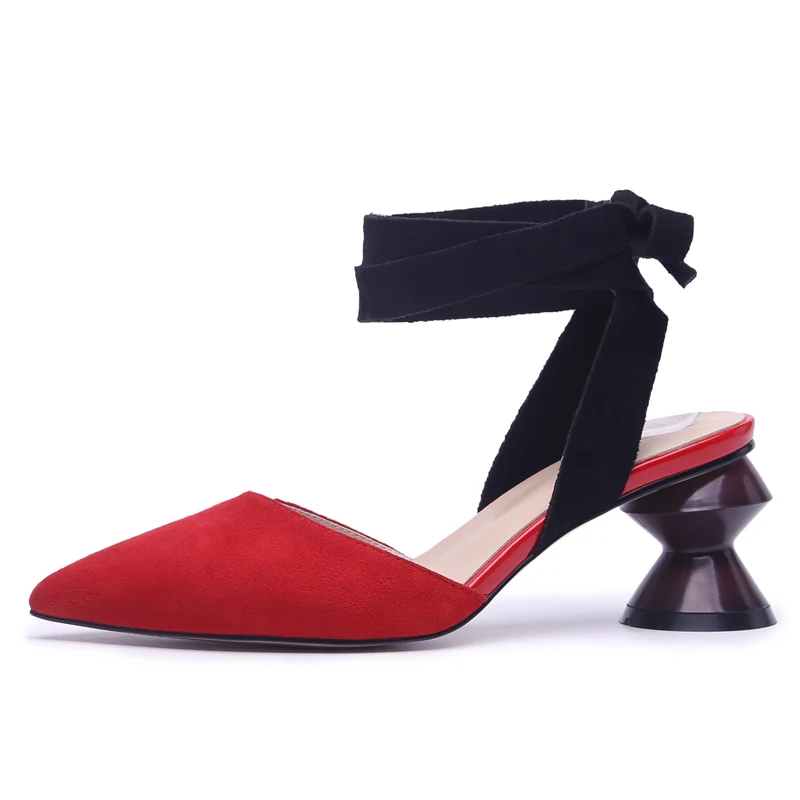 

Red Leather Women Sandals 6 CM Chunky Heels Sexy Pointed-toe Party Pumps for Woman Ankle Strap Shoes Box Packing 1030