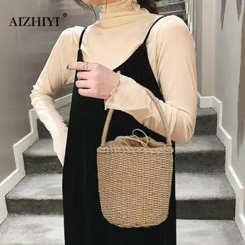 

Ladies Fashion Simple Girls Summer Beach Straw Weaving Shoulder Bucket Handbags Women Totes Solid Casual Knitting Top-handle Bag