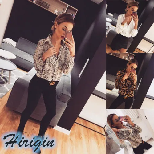 

NEW Womens Long Sleeve Loose Casual Button Blouse Summer Coffee Leopard Snakes Print And White Blouse