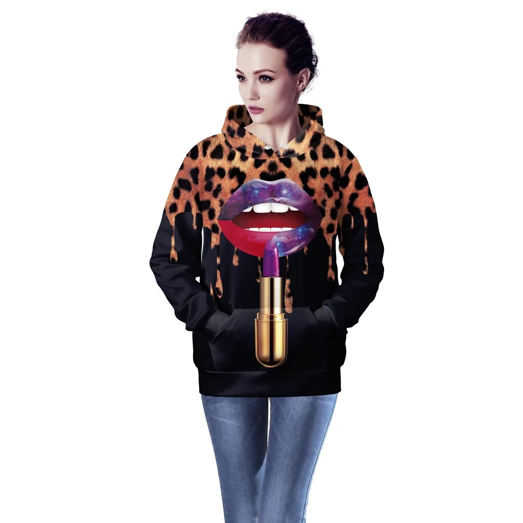 Women Hoodies Lipstick 3D Print Hoodies with Hat Women Hoodie Loose Sweatshirt Pullover Sudaderas Mujer Moletom
