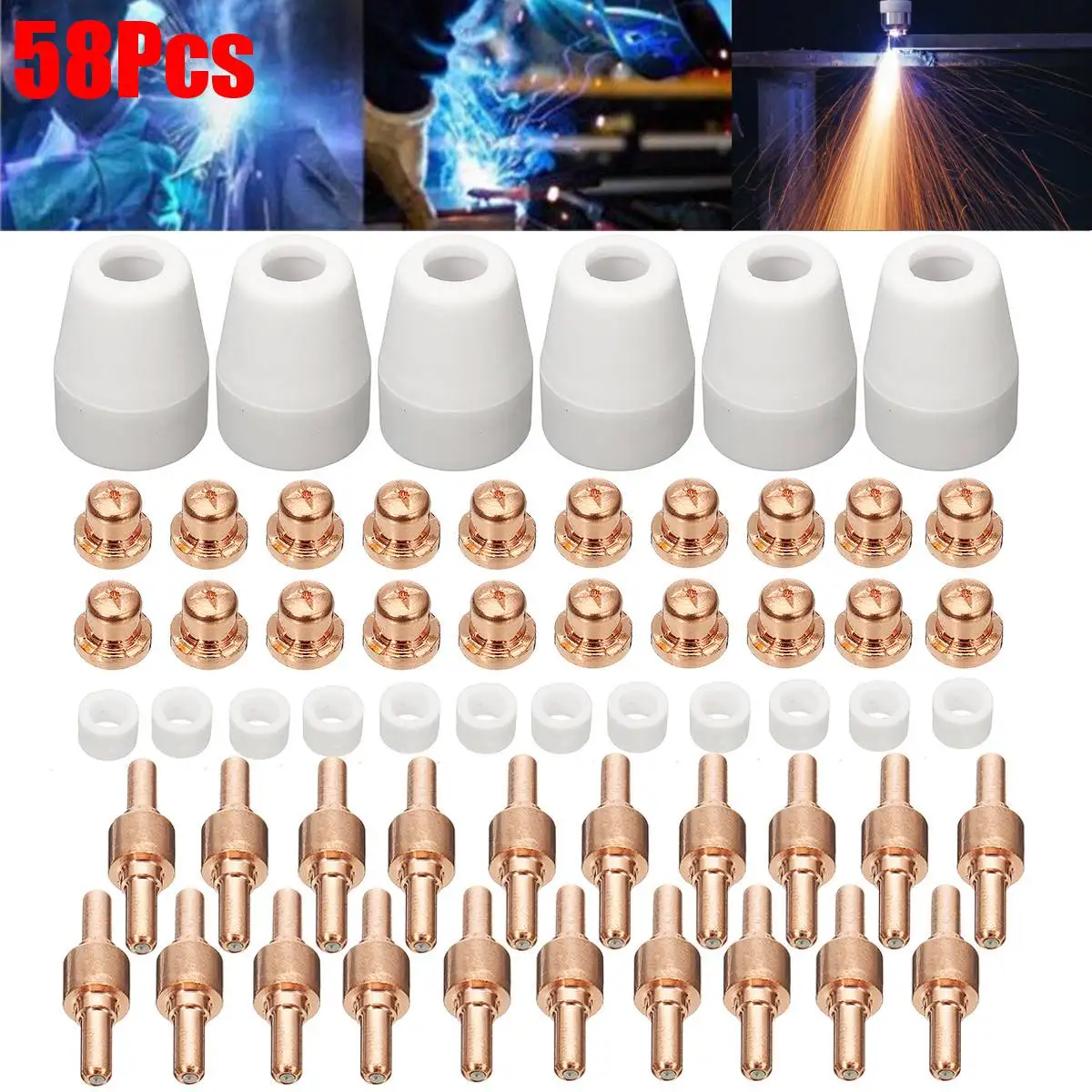 58Pcs/Set Air Plasma Cutter Consumables Spare Parts Cutting Tips Kit Extended Tip Nozzle Electrode For PT-31 LGK-40 CUT-40 58Pcs/Set Air Plasma Cutter Consumables Spare Parts Cutting Tips Kit Extended Tip Nozzle Electrode For PT-31 LGK-40 CUT-40