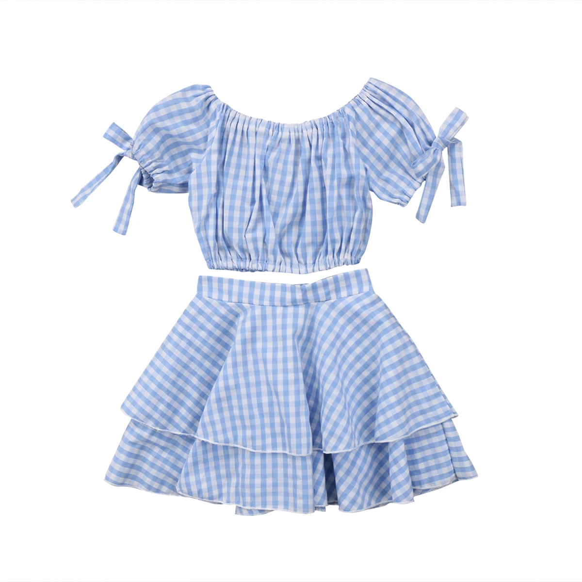 

2018 Newest Brand Blue Plaid Kids Baby Girls Summer Hot Sale Short Sleeve T-shirt+Skirt Fashion Outfits Sets 1-6Y