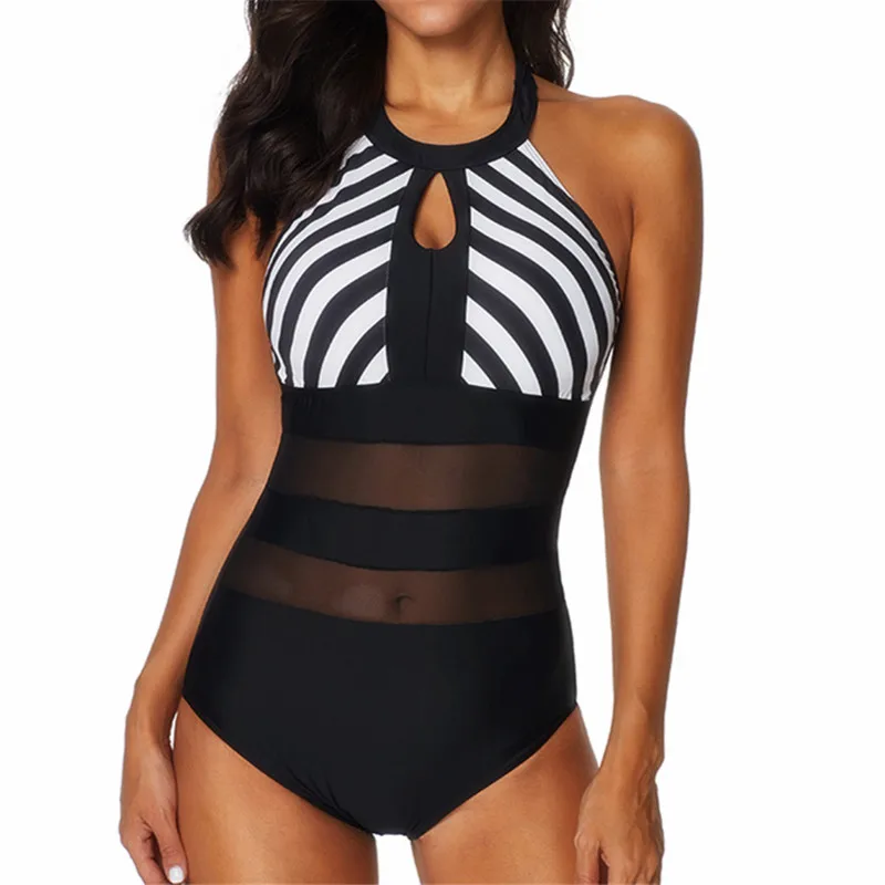 Billig Bkning XXL Badeanzüge Weibliche One 1 Stück Bademode Plus Größe Badeanzug High Neck Transpare Mayokini Große Mesh Gestreiften Badpak