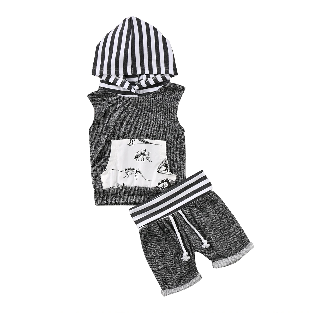 

Pucoco 2PCS Toddler Kids Baby Boy Dinosaur Striped Hooded T-Shirt Tops Shorts Pants Outfit Dinosaur Clothes Set