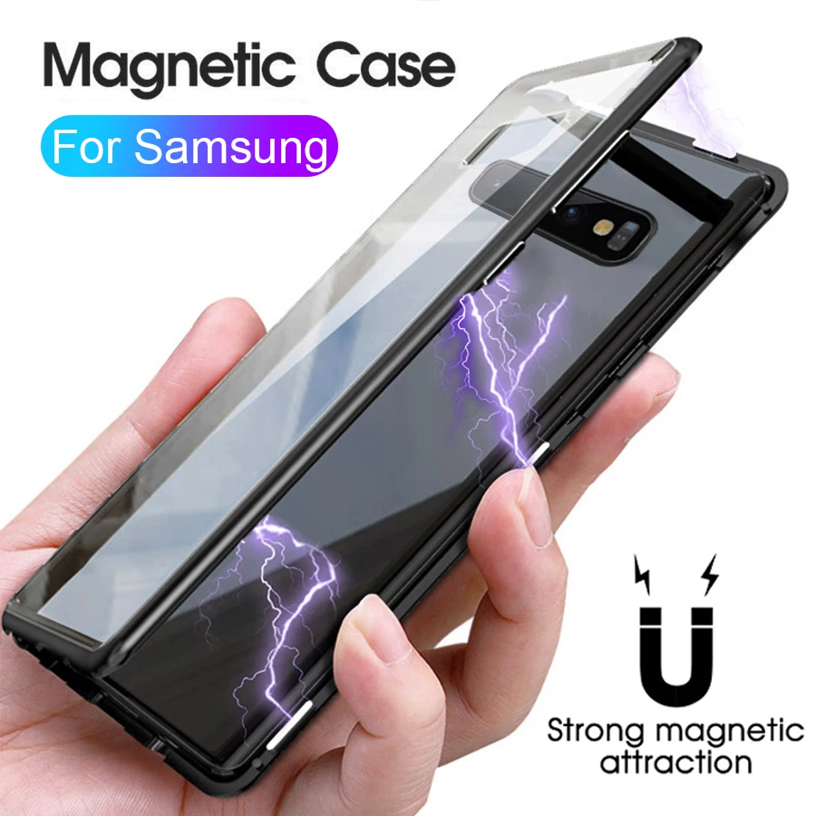 

Adsorption Magnetic Flip Case for Samsung Galaxy S10 Plus Case Metal Tempered Glass Cover for Samsung S9 S8 Plus Note 9 8 S10E
