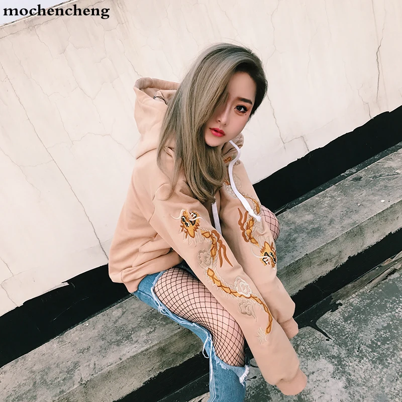 

Chinese Style Embroidery Dragon Headwear Hooded Sweatshirts Women Casual Zipper Pocket Hoodies Pullover Top Female