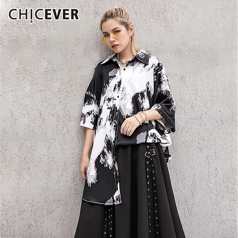 

CHICEVER Summer Casual Hit Color Print Women Shirt Lapel Three Quarter Sleeve Button Loose Slim Female Top Clothing 2019 Fashion