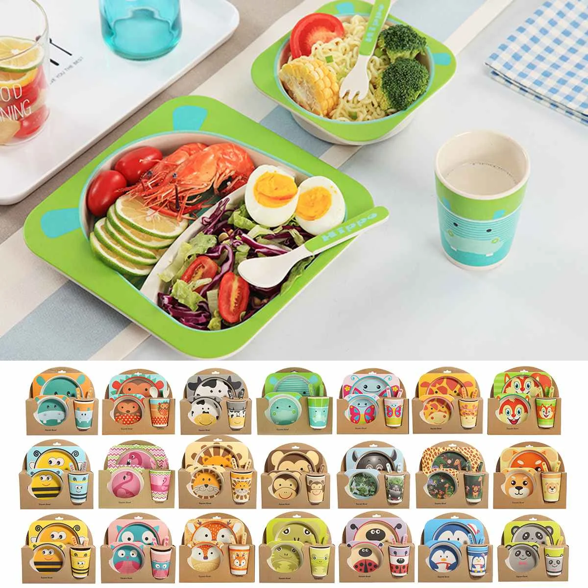 5pcs/sets Baby Animal Dish Tableware Set Natural Bamboo Fiber Bowl With Cup Spoon Plate Fork Feeding Dishes for Kids 5pcs/sets Baby Animal Dish Tableware Set Natural Bamboo Fiber Bowl With Cup Spoon Plate Fork Feeding Dishes for Kids