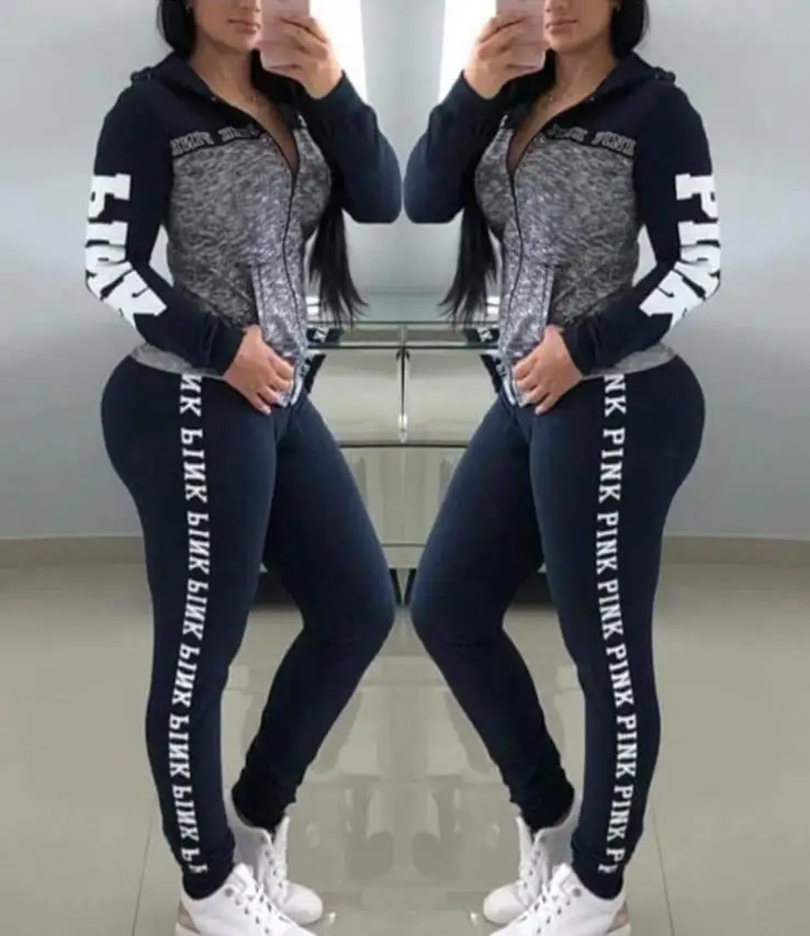 

Pink Letter Print Women 2 Piece Set Zipper Patchwork Hoodies Tops And Pants Sweatshirt Casual Two Piece Autumn Streetwear S-3XL