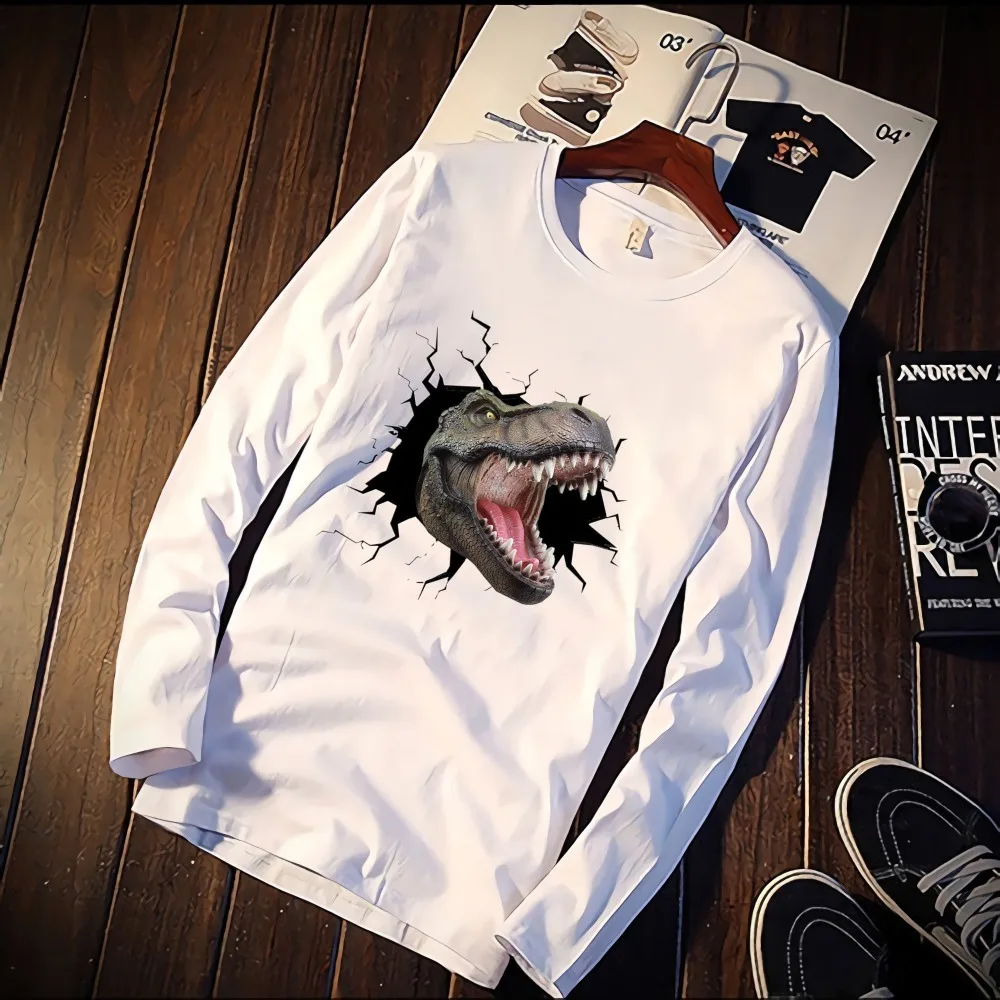 

New Long Sleeve T Shirt Unisex Snake Wolf Dinosaur Breaking Wall Print 100% Cotton Top Tee Casual O Neck Streetwear Clothing
