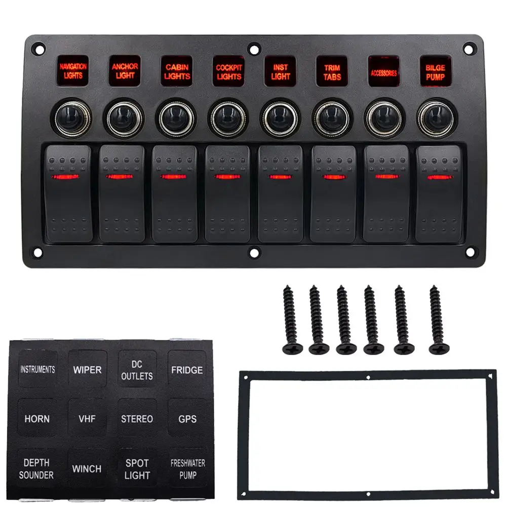 

Boat Car Marine Rocker Switch Panel 8 Gang 3PIN & Circuit Breaker Overload Protection Waterproof LED Switch Panel DC12/24V ON-