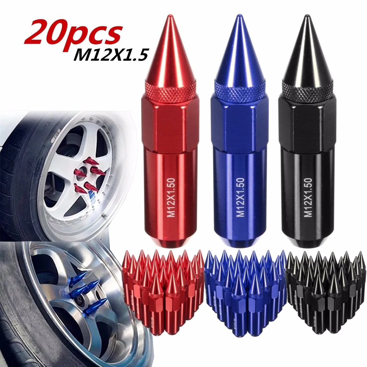 

20pcs M12X1.5 Aluminum 60mm Universal Car Wheels Rims Lug Nuts with Spiked Extended Tuner Blue/Red/Black