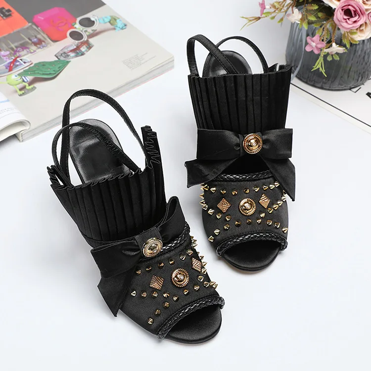 

Carole Levy 2019 The New Solid Black Peep Toe Woman Summer Shoes Rivet Decor Adult Cozy Thin Heels Party Sexy Stilettos Sandals