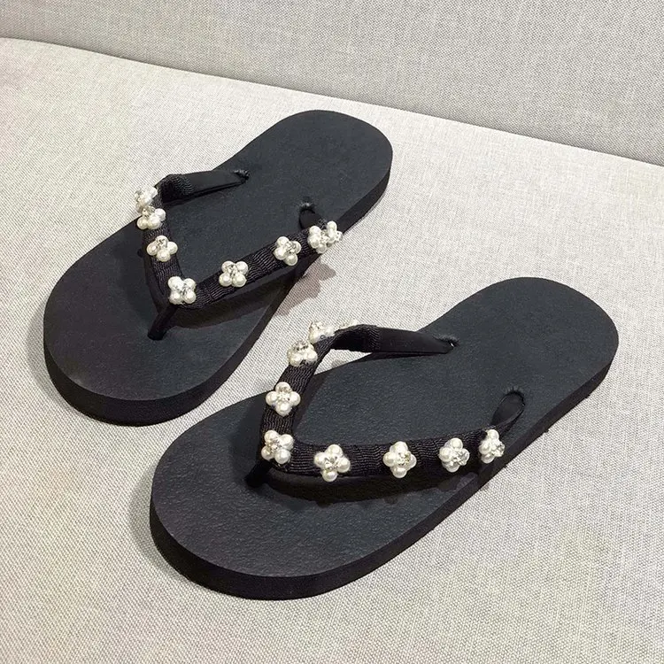 

35-40 S-L Woman Flip Flops Beads Cute Pink Beach Ladies Home Soft Summer Designer 2019 Female Flat Slippers