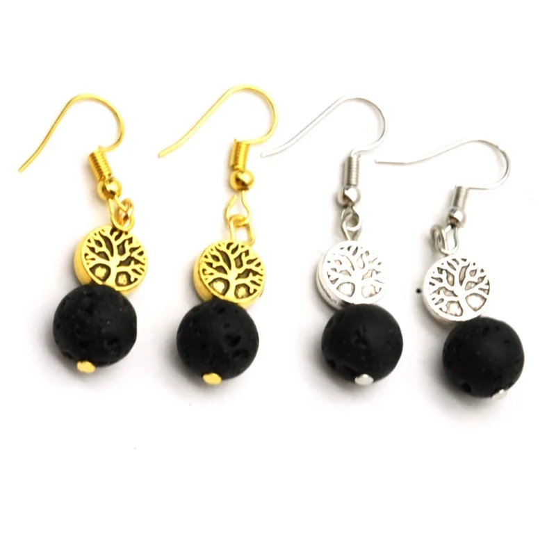 

Tree of Life 10mm Black Lava Aroma Essential Oil Diffuser Earrings Aromatherapy Jewelry Minimalist Lava Rock Stone Earings