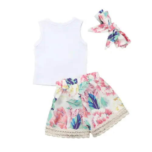 0-3Years Newborn Kis Baby Girls Floral Vest Tops+Shorts Pants+Bow Headband Clothes Set