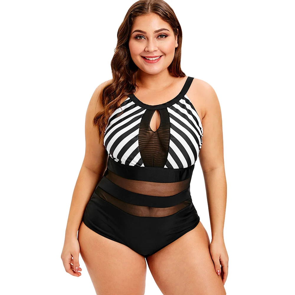 Wipalo Plus Size Mesh Panel Striped Women Swim Suit One Piece Female Bathing Suit Casual Summer Beach Set Holiday Swim Wear Wipalo Plus Size Mesh Panel Striped Women Swim Suit One Piece Female Bathing Suit Casual Summer Beach Set Holiday Swim Wear